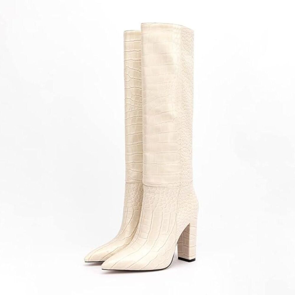 Unworn Nude Cream Croc Faux Leather Knee High Heel Boots US 9